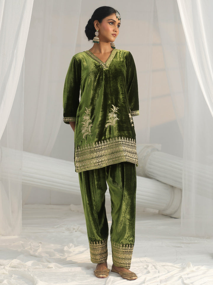 Libas Olive Green Embroidered Velvet Co-Ord Set