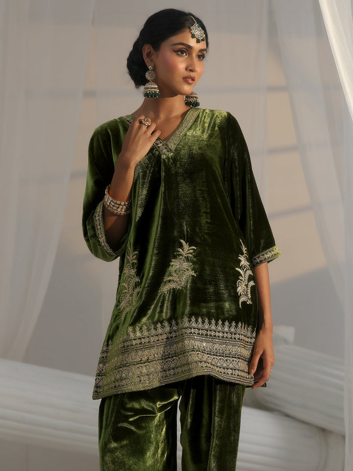 Libas Olive Green Embroidered Velvet Co-Ord Set