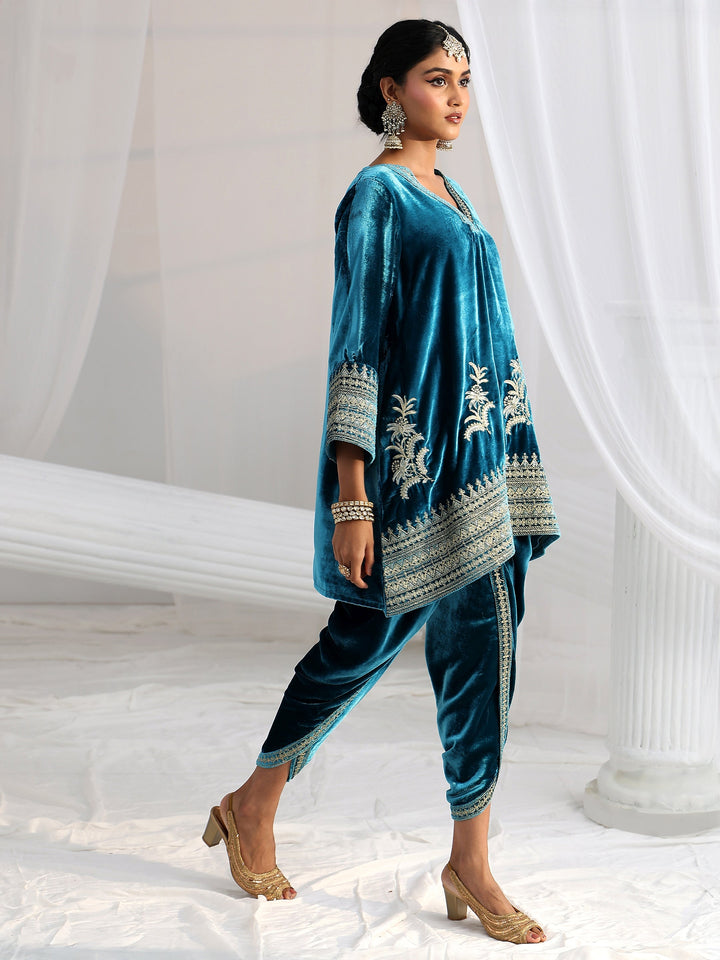 Libas Turquoise Blue Embroidered Velvet Co-Ord Set