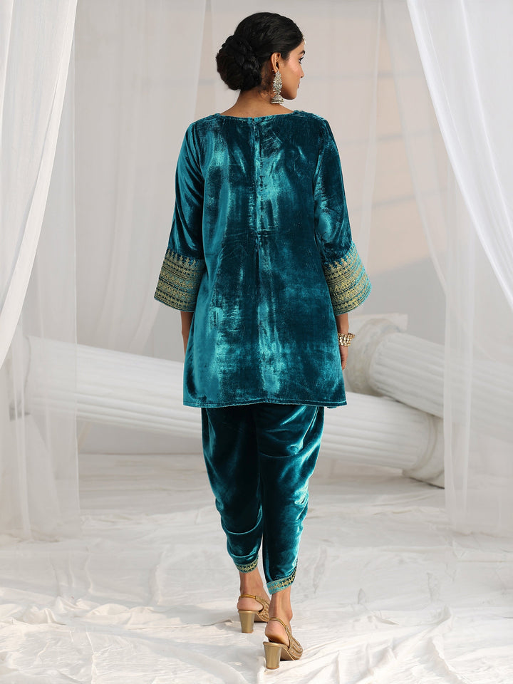 Libas Turquoise Blue Embroidered Velvet Co-Ord Set