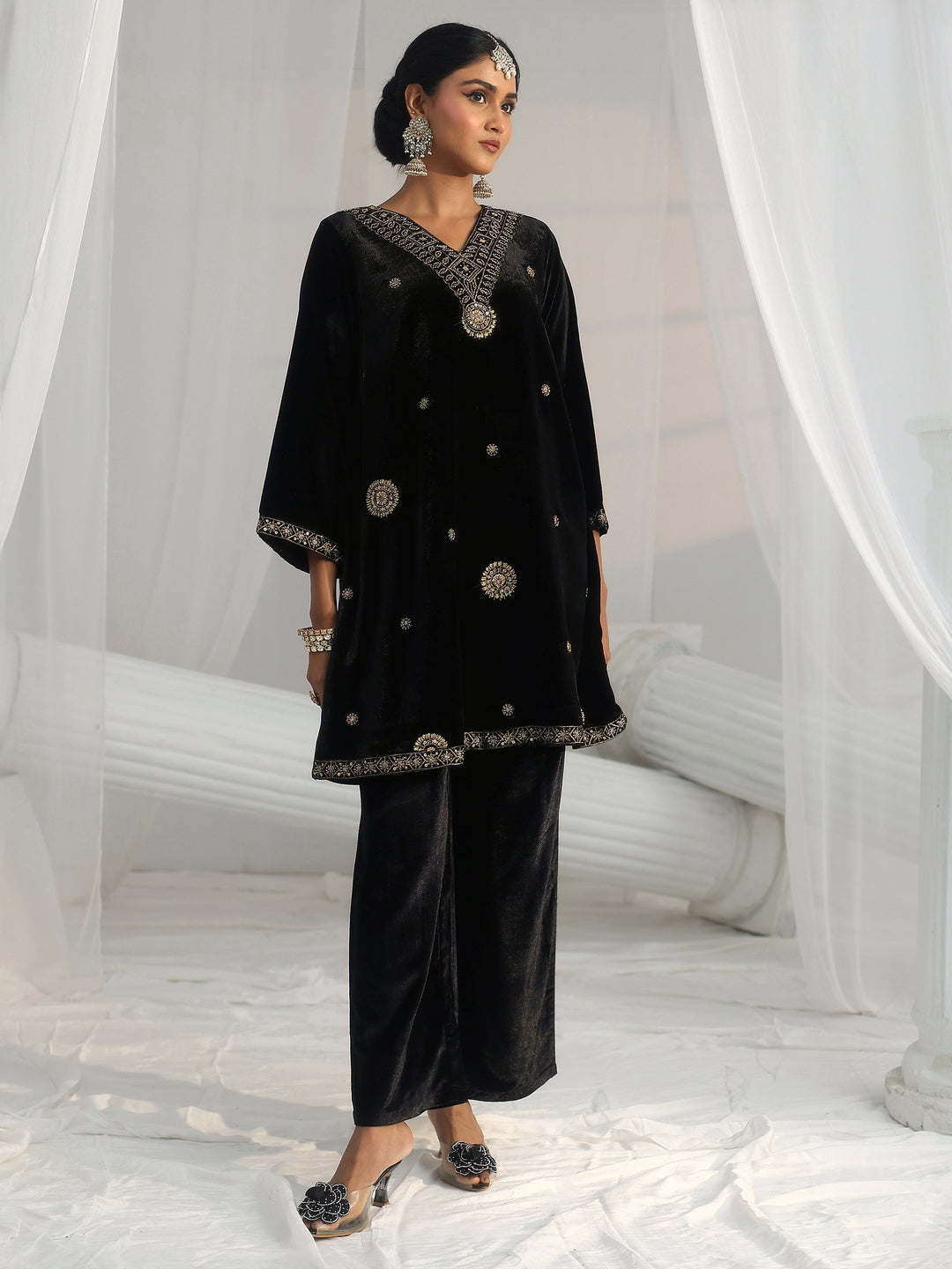 Libas Black Embellished Velvet Co-Ord Set