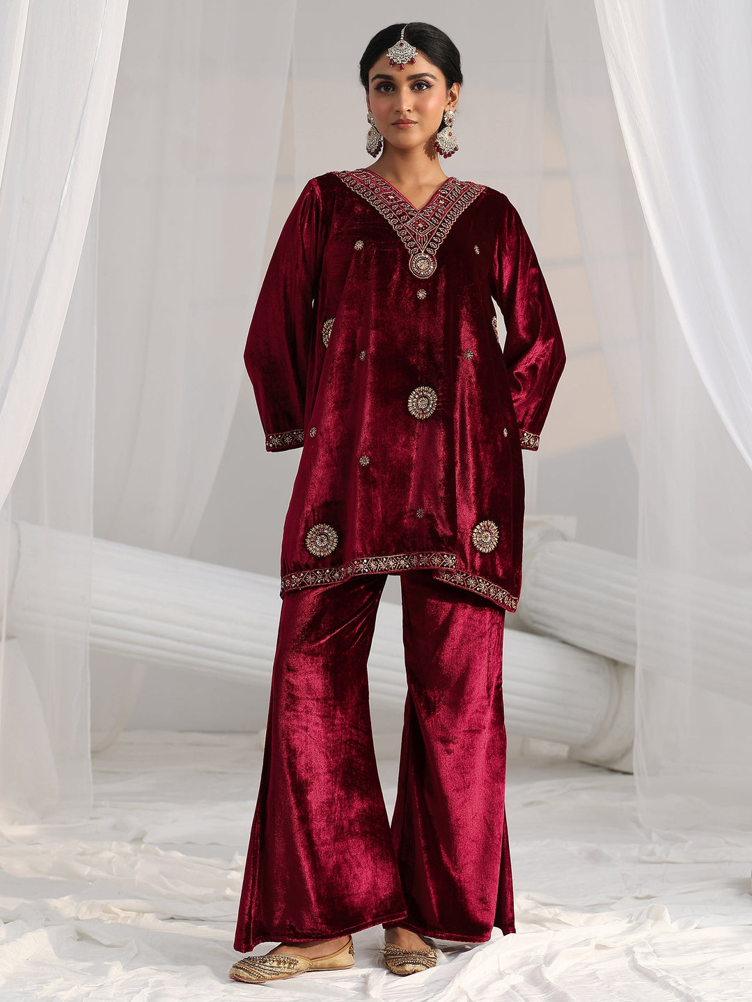 Libas Crimson Red Emellished Velvet Co-Ord Set