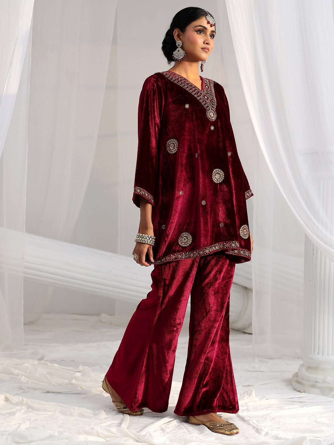 Libas Crimson Red Emellished Velvet Co-Ord Set