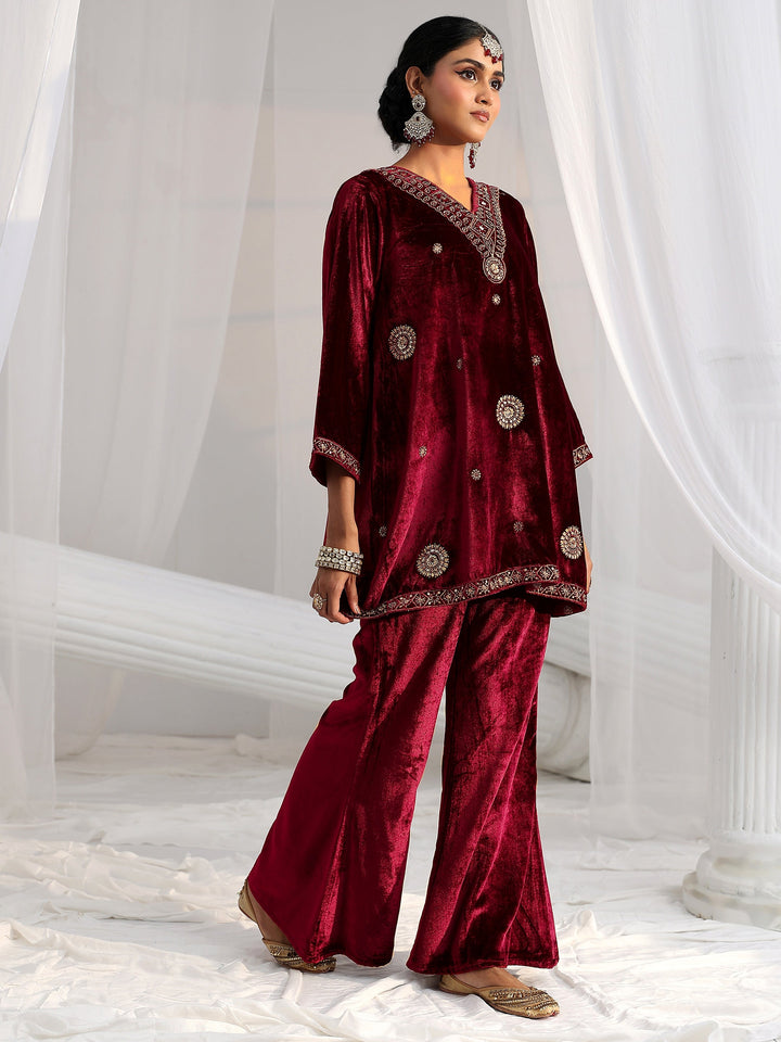 Libas Crimson Red Emellished Velvet Co-Ord Set