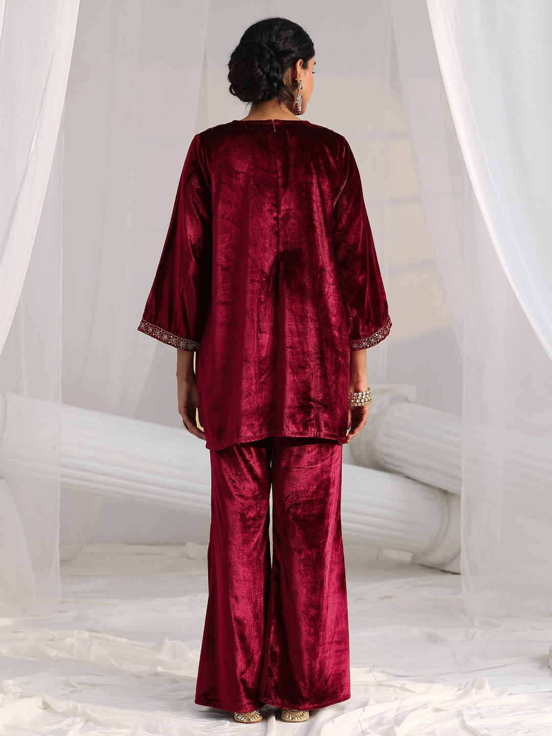 Libas Crimson Red Emellished Velvet Co-Ord Set