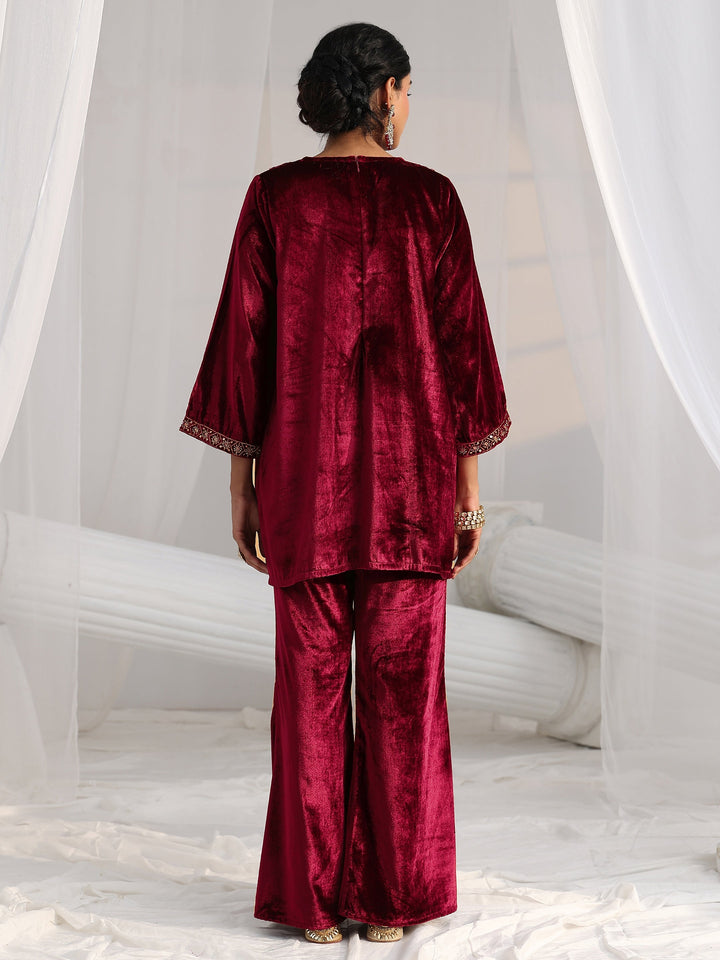 Libas Crimson Red Emellished Velvet Co-Ord Set