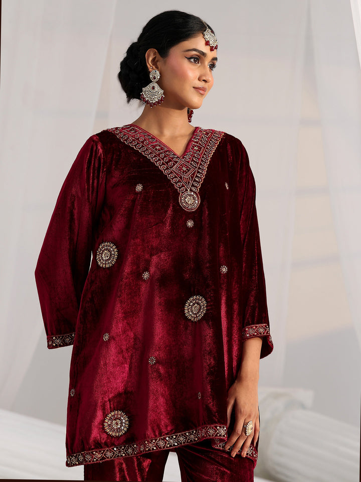 Libas Crimson Red Emellished Velvet Co-Ord Set