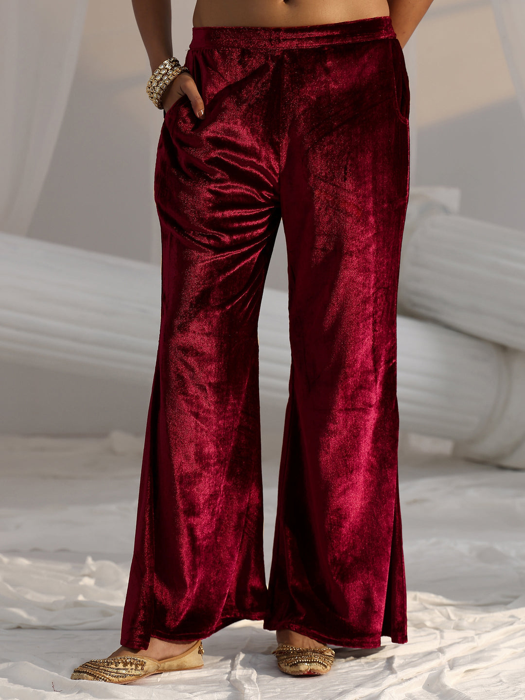 Libas Crimson Red Emellished Velvet Co-Ord Set