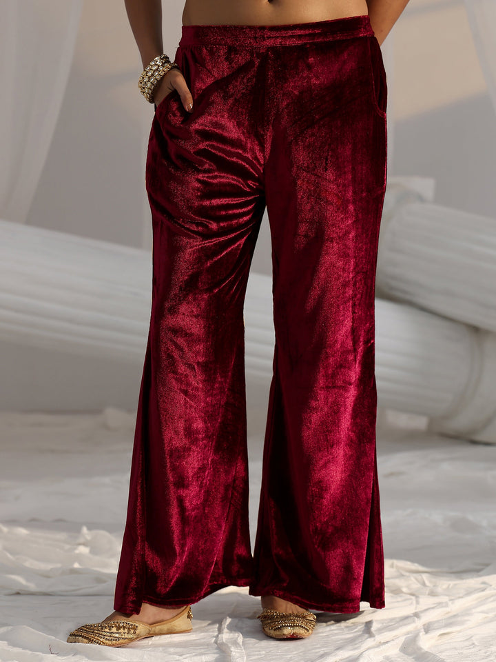 Libas Crimson Red Emellished Velvet Co-Ord Set