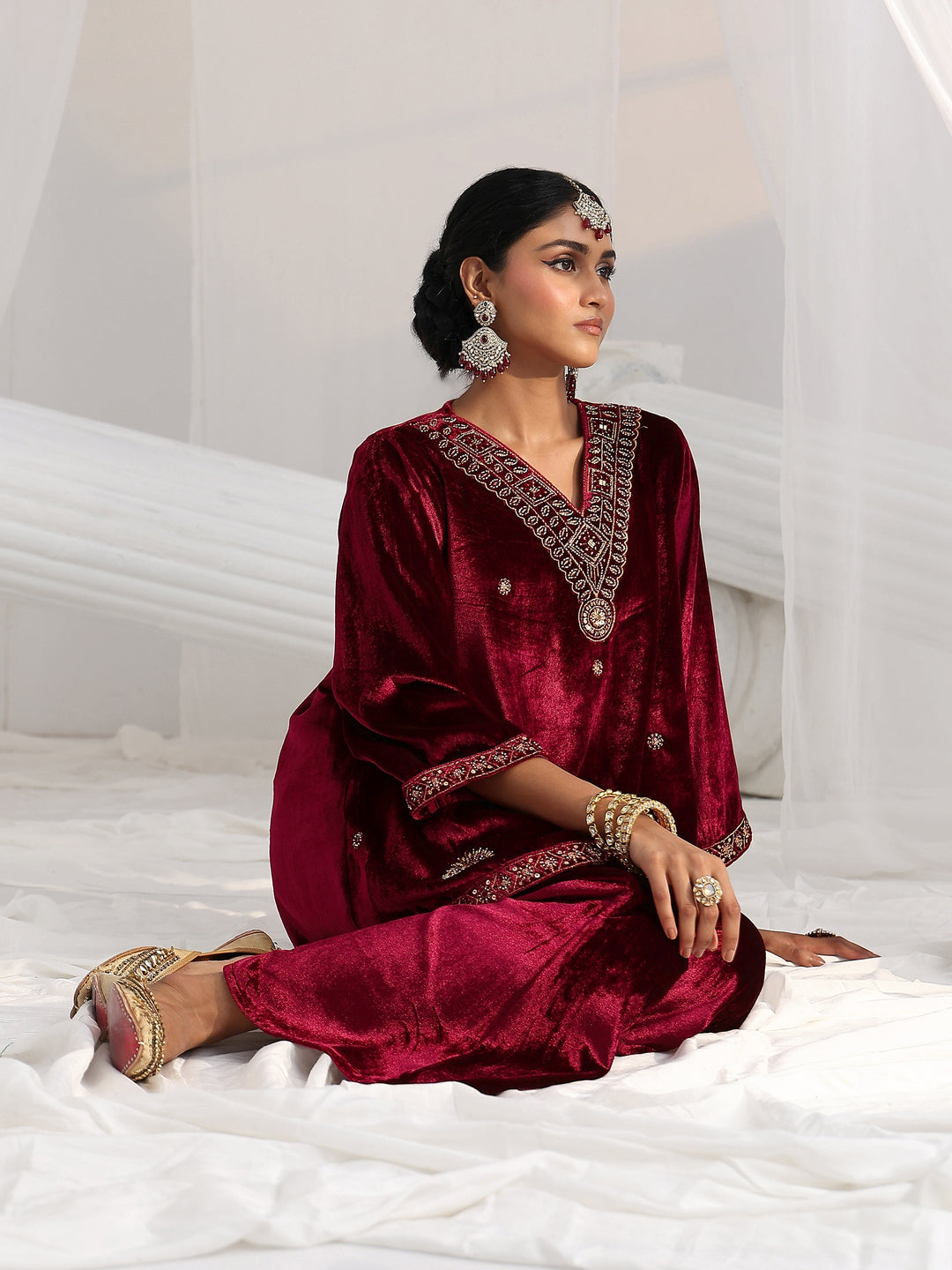 Libas Crimson Red Emellished Velvet Co-Ord Set