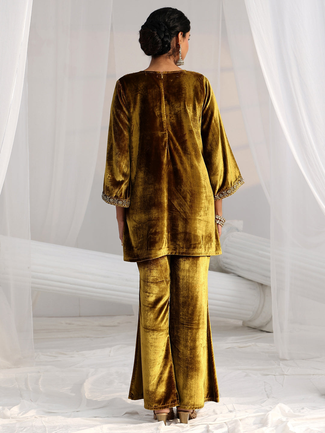 Libas Mustard Emellished Velvet Co-Ord Set