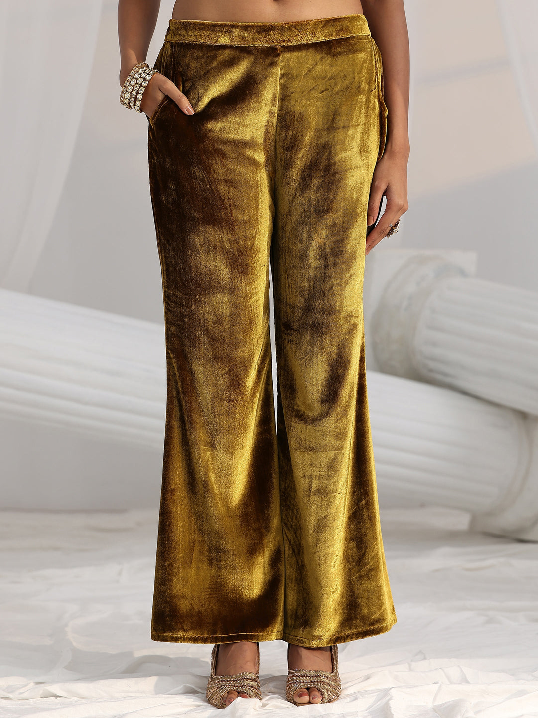 Libas Mustard Emellished Velvet Co-Ord Set
