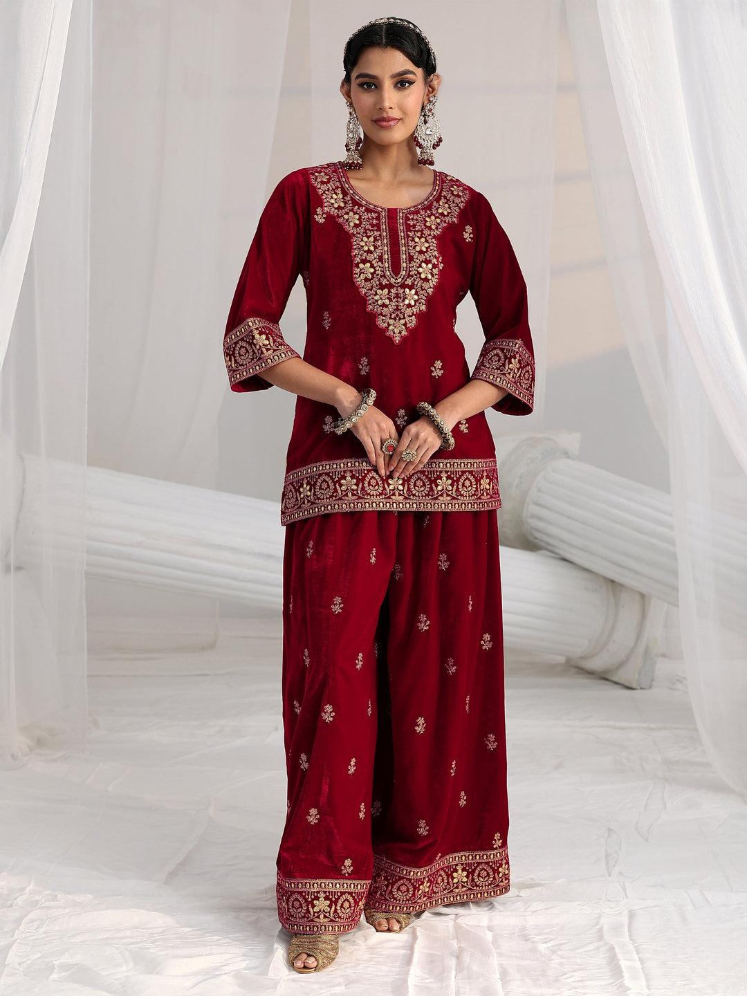 Libas Crimson Red Floral Embroidered Velvet Co-Ord Set