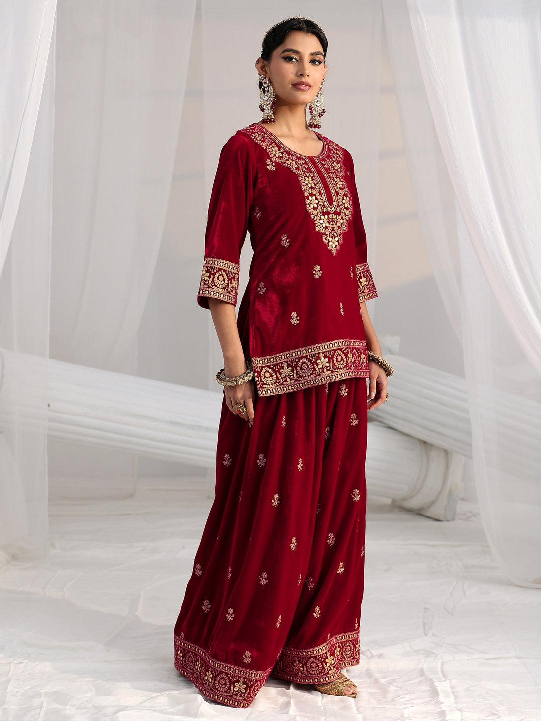 Libas Crimson Red Floral Embroidered Velvet Co-Ord Set