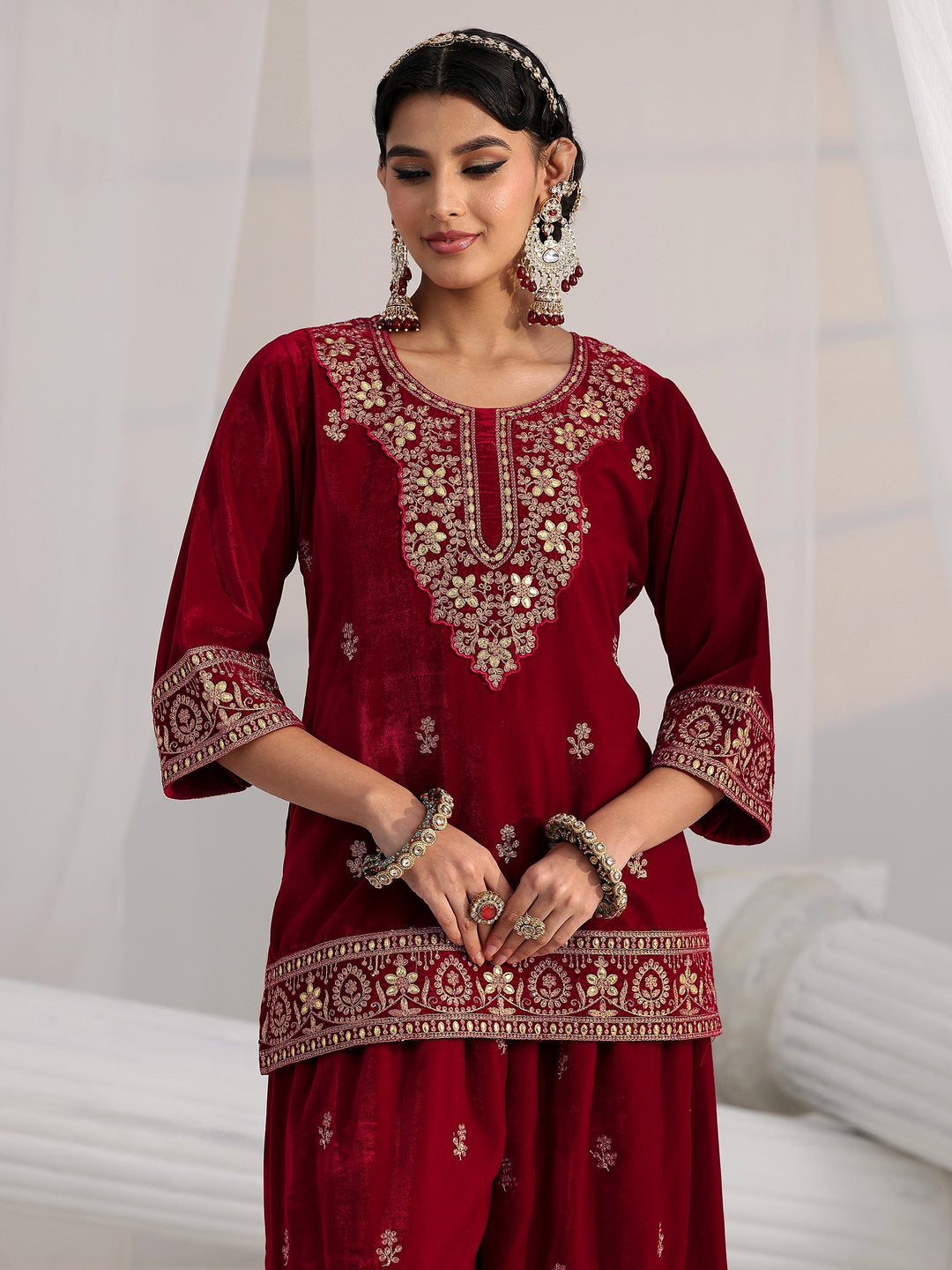 Libas Crimson Red Floral Embroidered Velvet Co-Ord Set