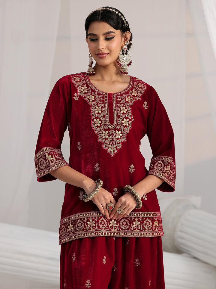 Libas Crimson Red Floral Embroidered Velvet Co-Ord Set