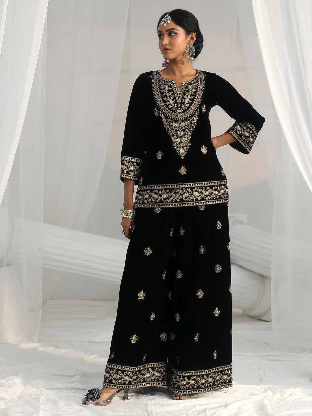 Libas Black Yoke Embroidered Design Velvet Co-Ord Set