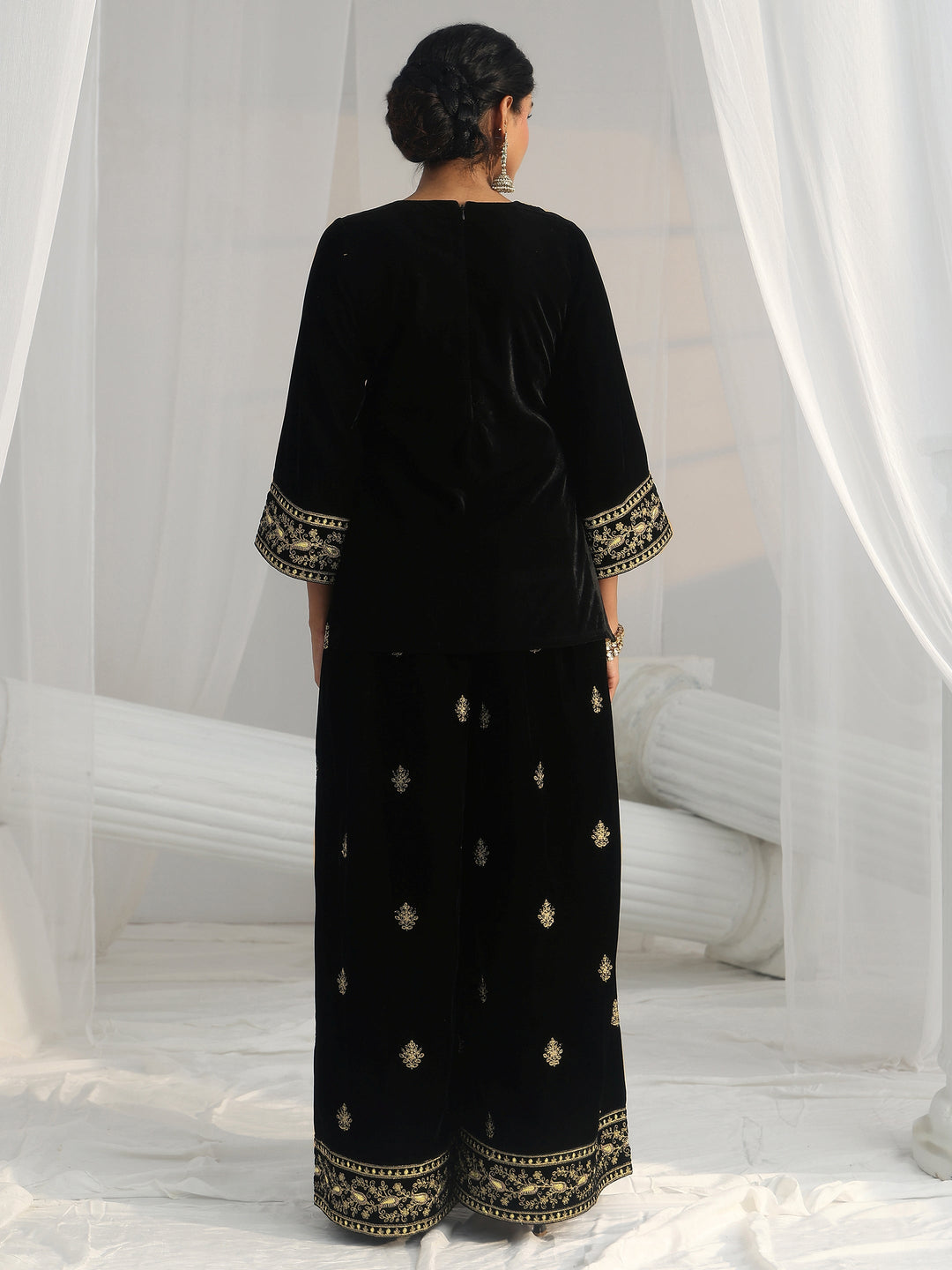 Libas Black Yoke Embroidered Design Velvet Co-Ord Set