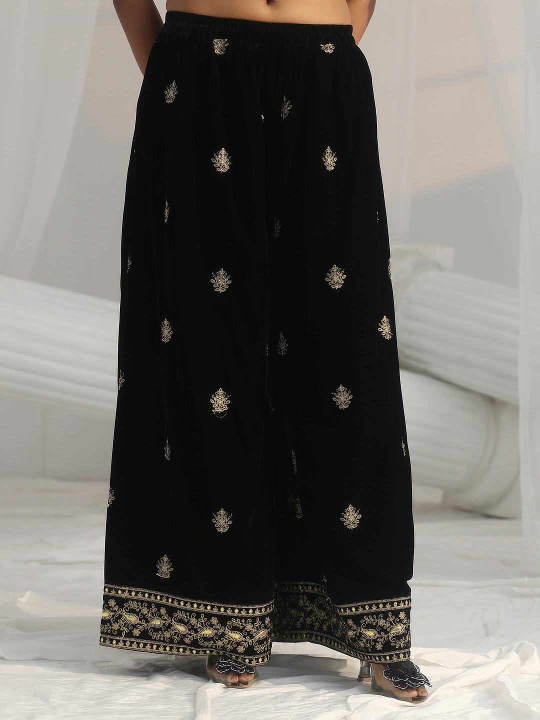 Libas Black Yoke Embroidered Design Velvet Co-Ord Set