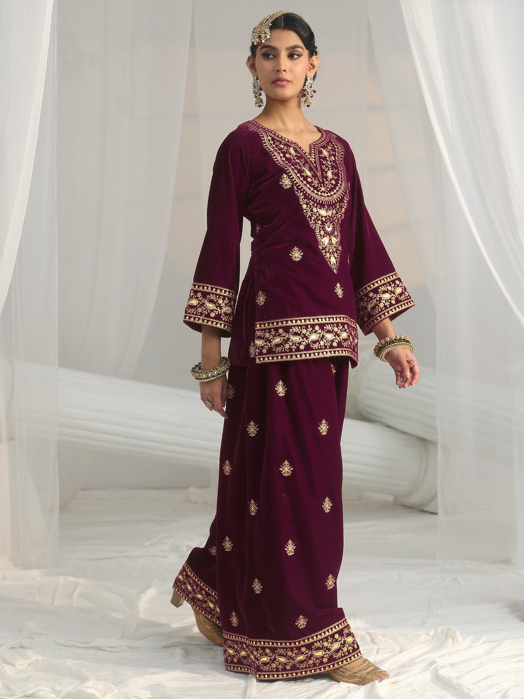 Libas Burgundy Yoke Embroidered Design Velvet Co-Ord Set