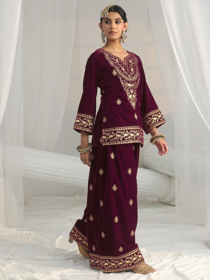 Libas Burgundy Yoke Embroidered Design Velvet Co-Ord Set