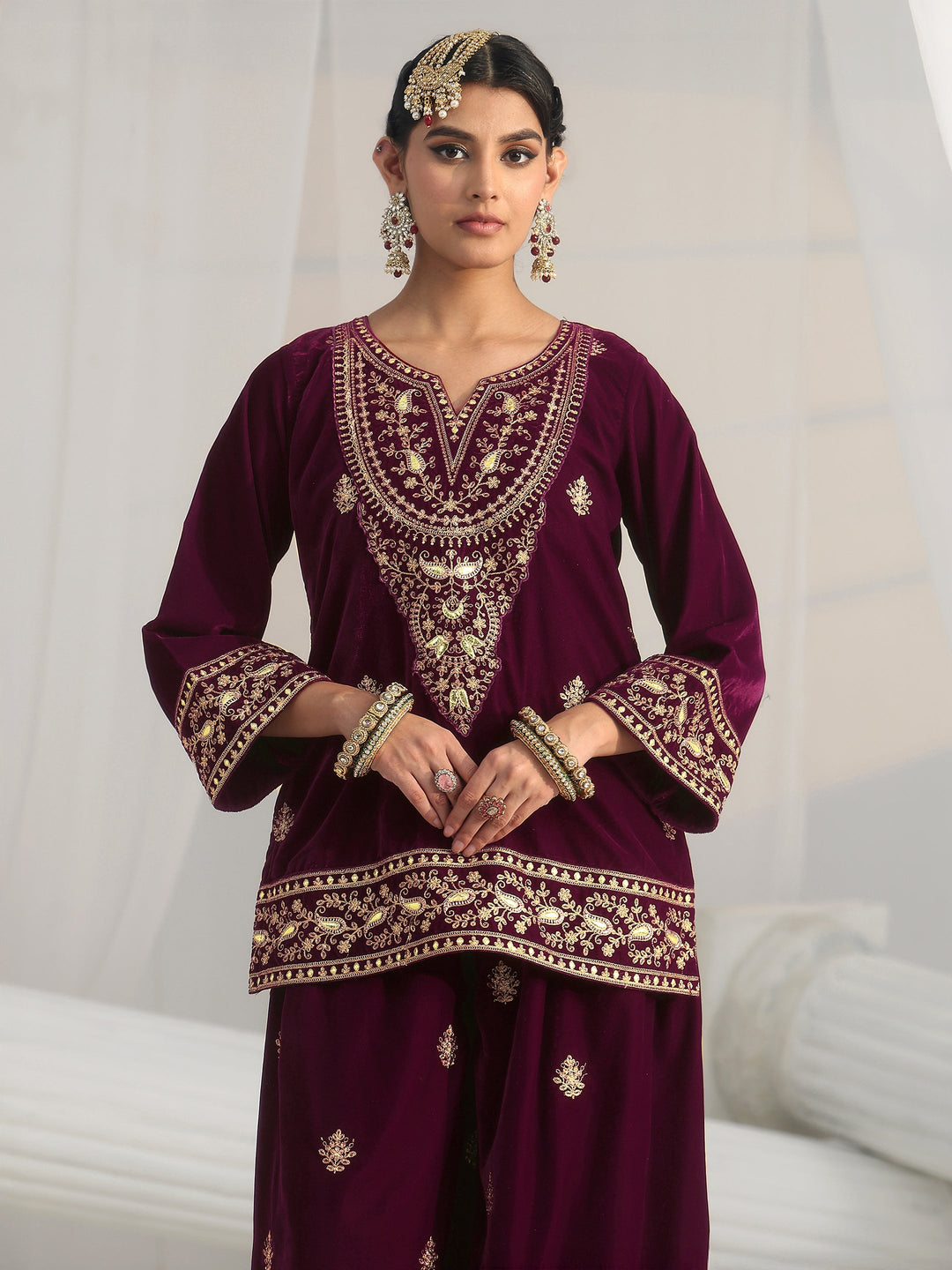 Libas Burgundy Yoke Embroidered Design Velvet Co-Ord Set