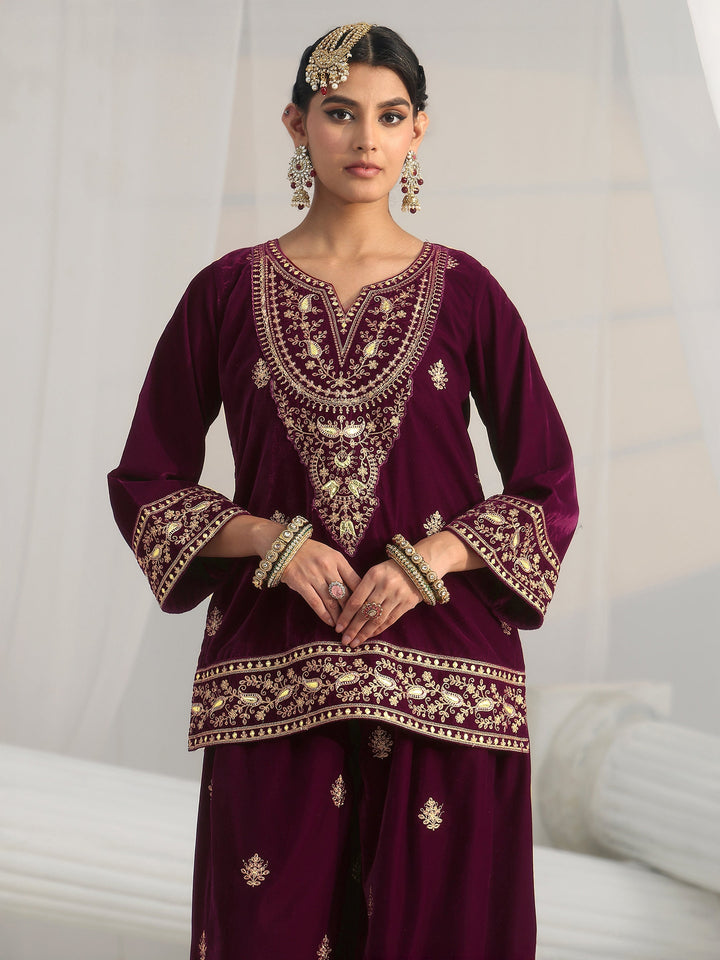 Libas Burgundy Yoke Embroidered Design Velvet Co-Ord Set