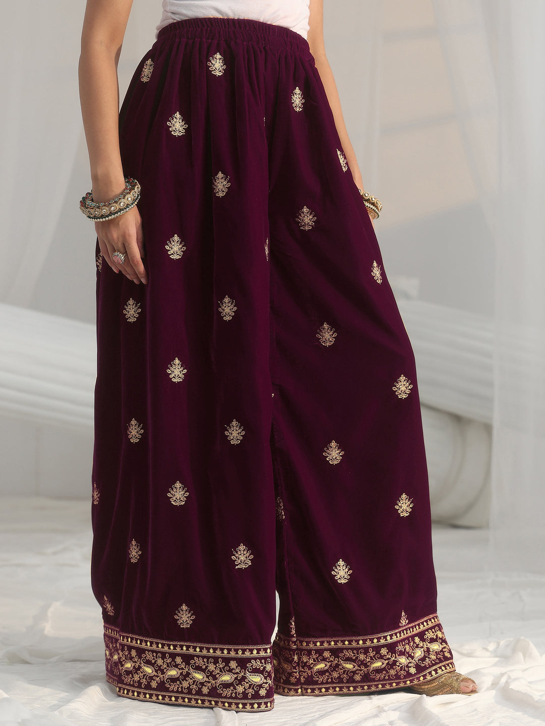 Libas Burgundy Yoke Embroidered Design Velvet Co-Ord Set