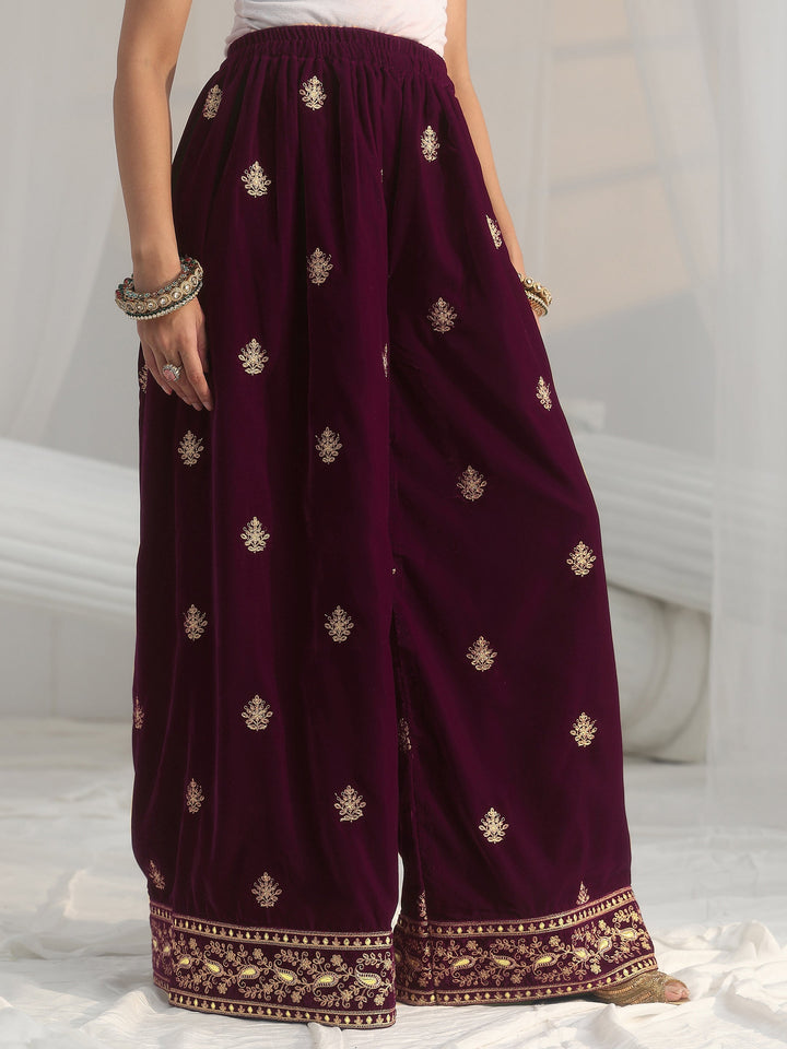 Libas Burgundy Yoke Embroidered Design Velvet Co-Ord Set