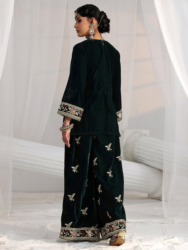 Libas Dark Teal Green Yoke Embroidered Design Velvet Co-Ord Set