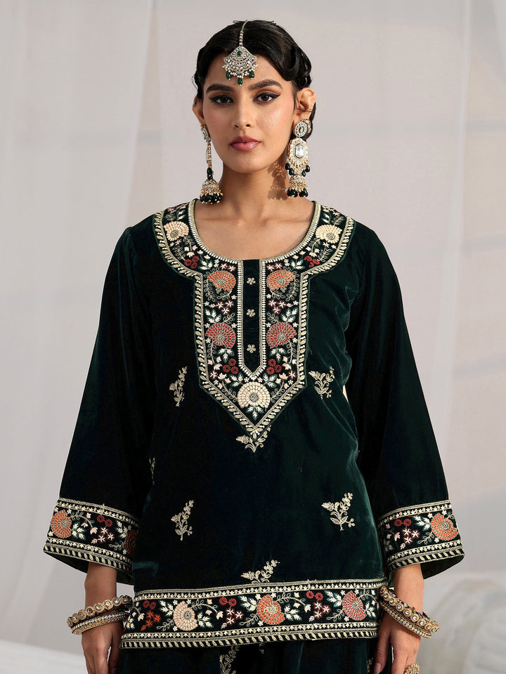 Libas Dark Teal Green Yoke Embroidered Design Velvet Co-Ord Set