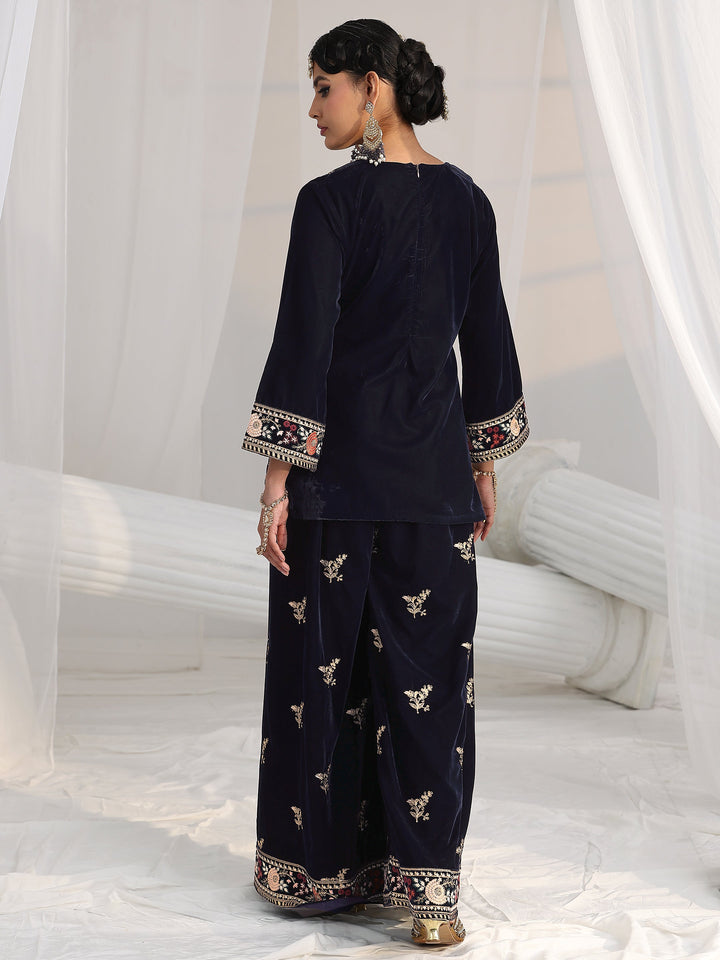 Libas Navy Blue Yoke Embroidered Design Velvet Co-Ord Set