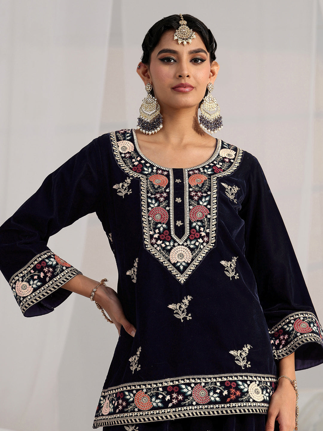Libas Navy Blue Yoke Embroidered Design Velvet Co-Ord Set