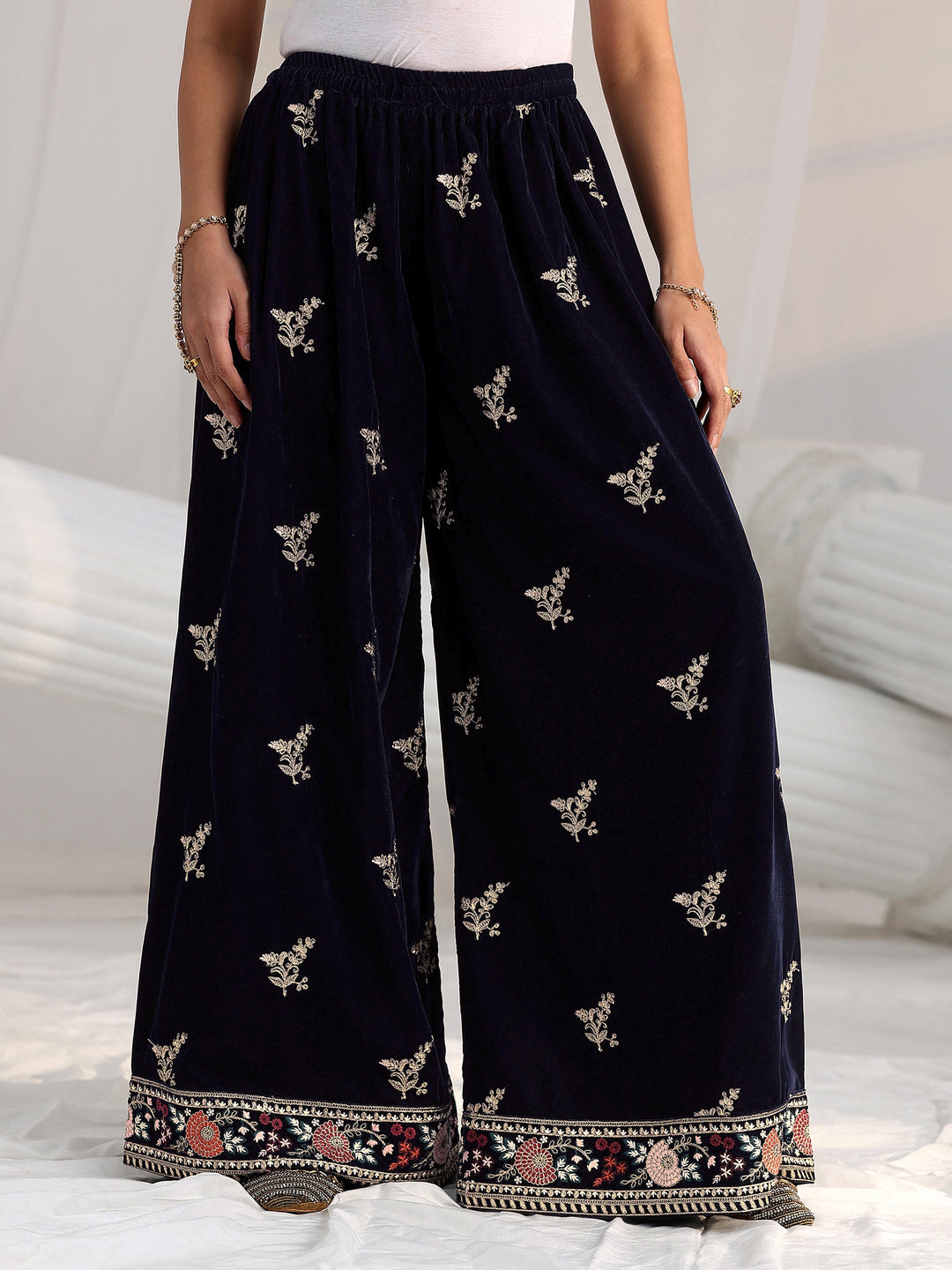 Libas Navy Blue Yoke Embroidered Design Velvet Co-Ord Set