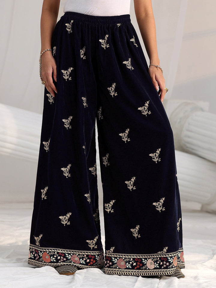 Libas Navy Blue Yoke Embroidered Design Velvet Co-Ord Set