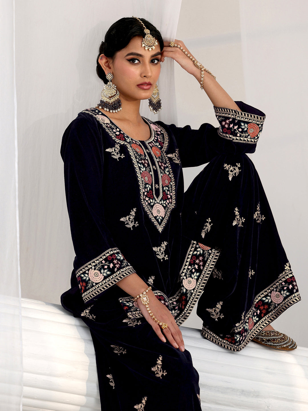 Libas Navy Blue Yoke Embroidered Design Velvet Co-Ord Set