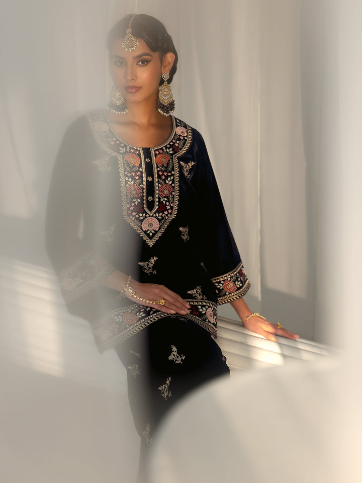 Libas Navy Blue Yoke Embroidered Design Velvet Co-Ord Set