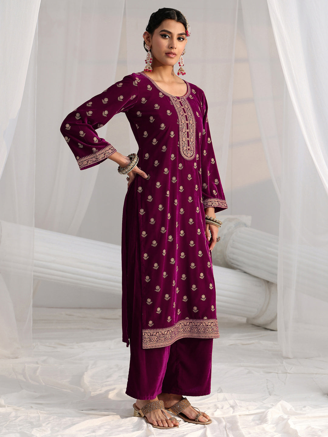 Libas Magenta Floral Embroidered Velvet Straight Suit Set