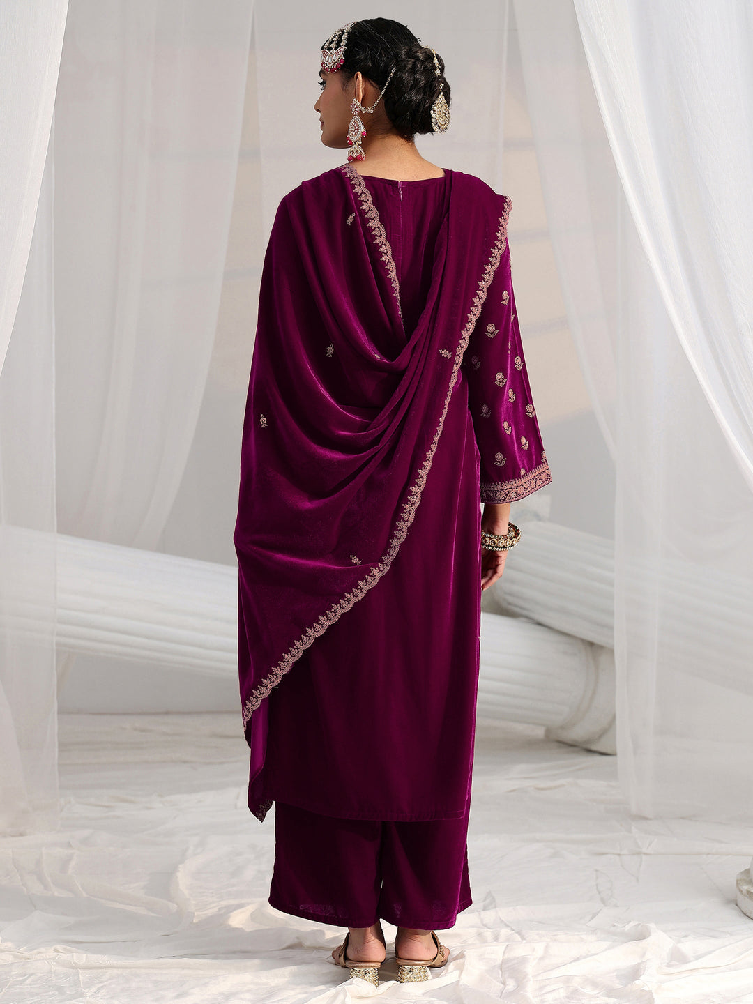 Libas Magenta Floral Embroidered Velvet Straight Suit Set