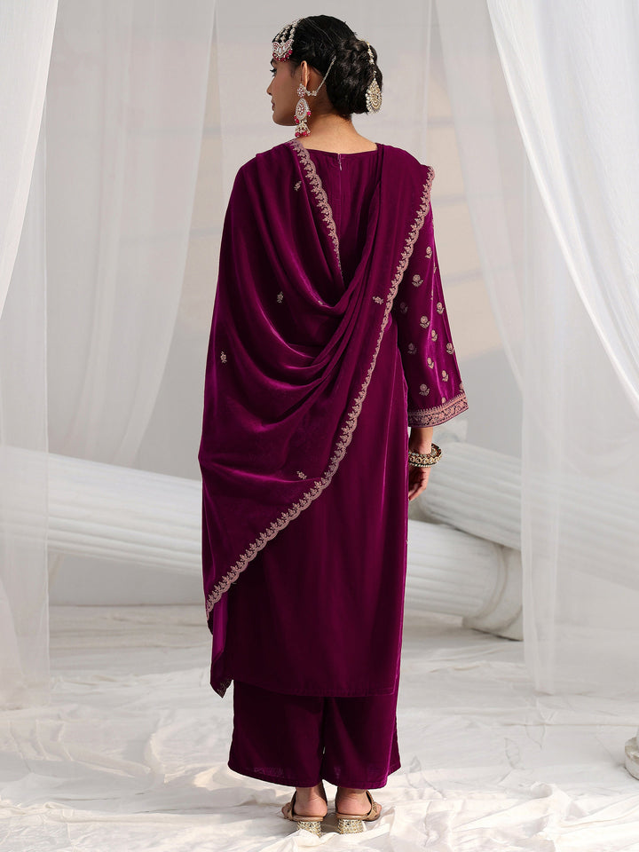 Libas Magenta Floral Embroidered Velvet Straight Suit Set