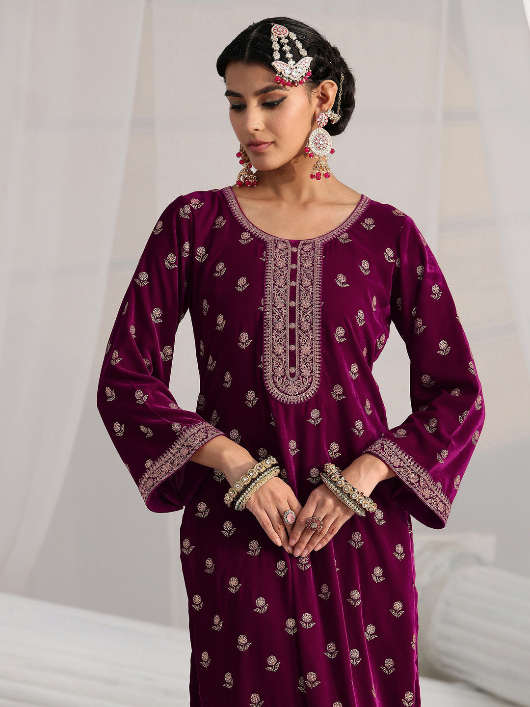 Libas Magenta Floral Embroidered Velvet Straight Suit Set