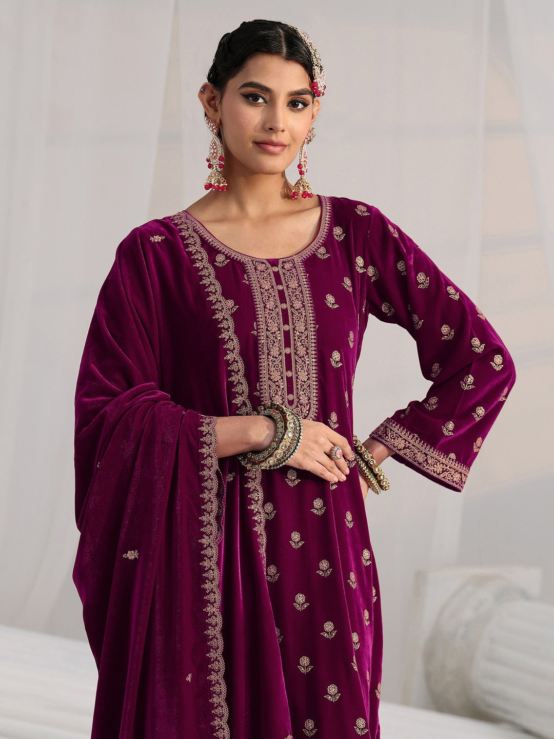 Libas Magenta Floral Embroidered Velvet Straight Suit Set