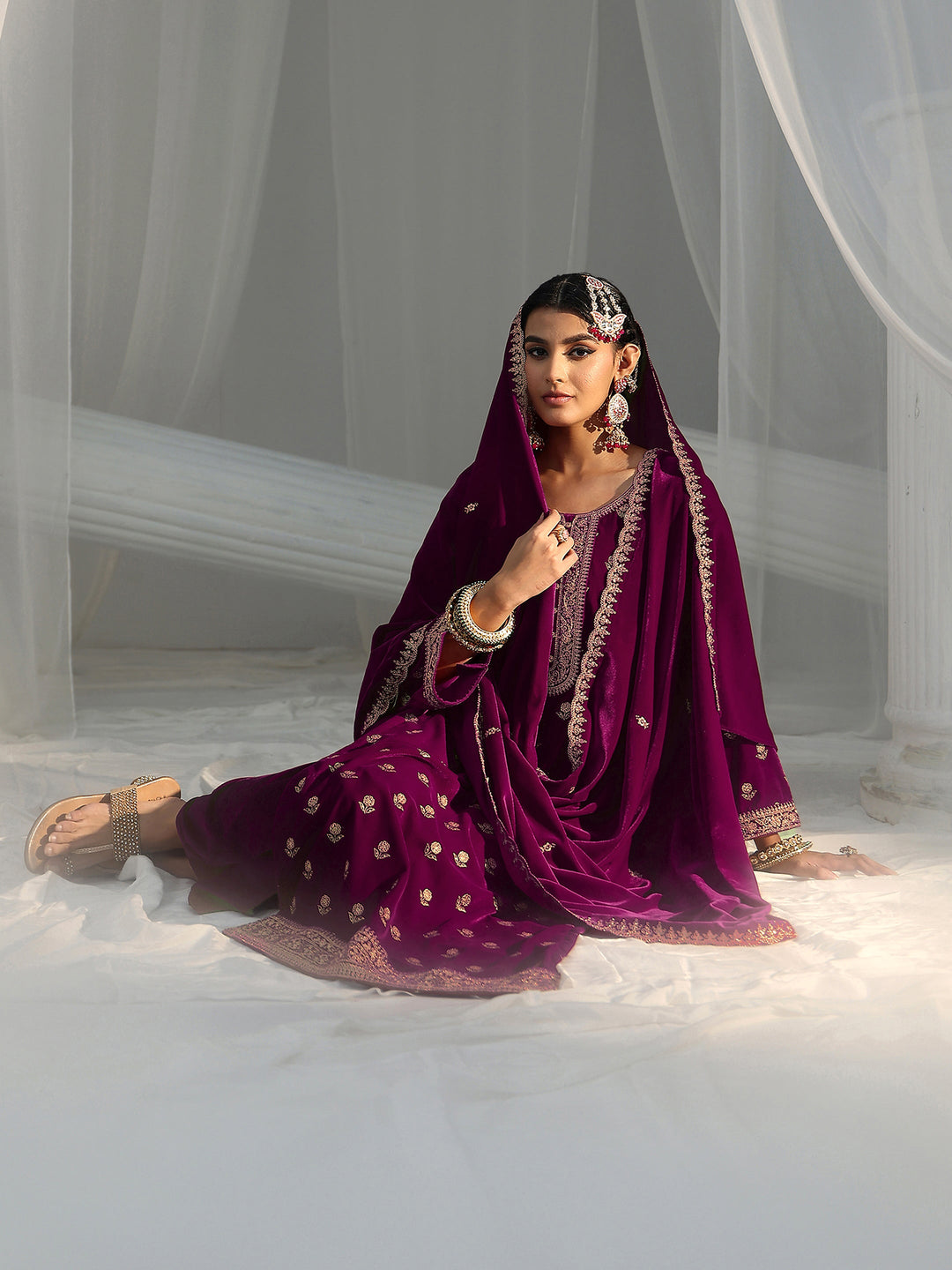 Libas Magenta Floral Embroidered Velvet Straight Suit Set