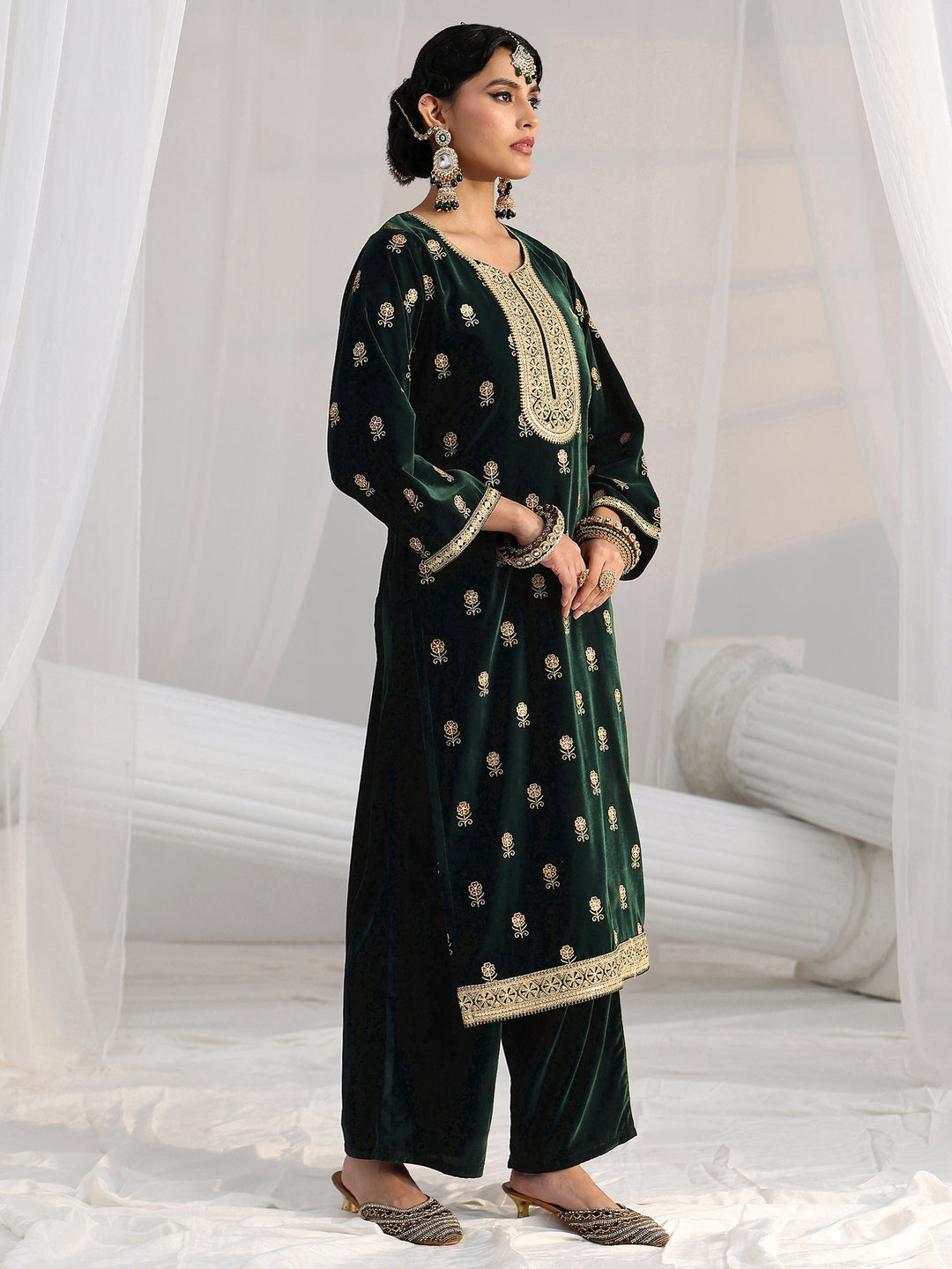 Libas Dark Teal Green Floral Embroidered Velvet Straight Suit Set