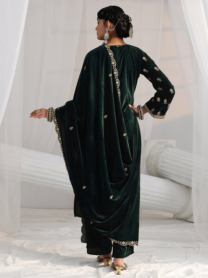 Libas Dark Teal Green Floral Embroidered Velvet Straight Suit Set