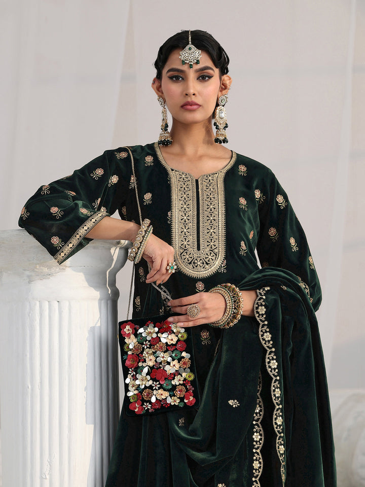 Libas Dark Teal Green Floral Embroidered Velvet Straight Suit Set