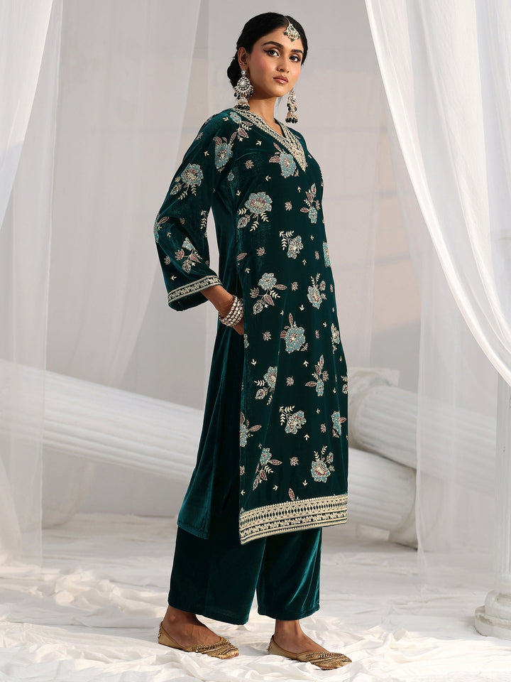 Libas Peacock Green Floral Embroidered Velvet Straight Suit Set