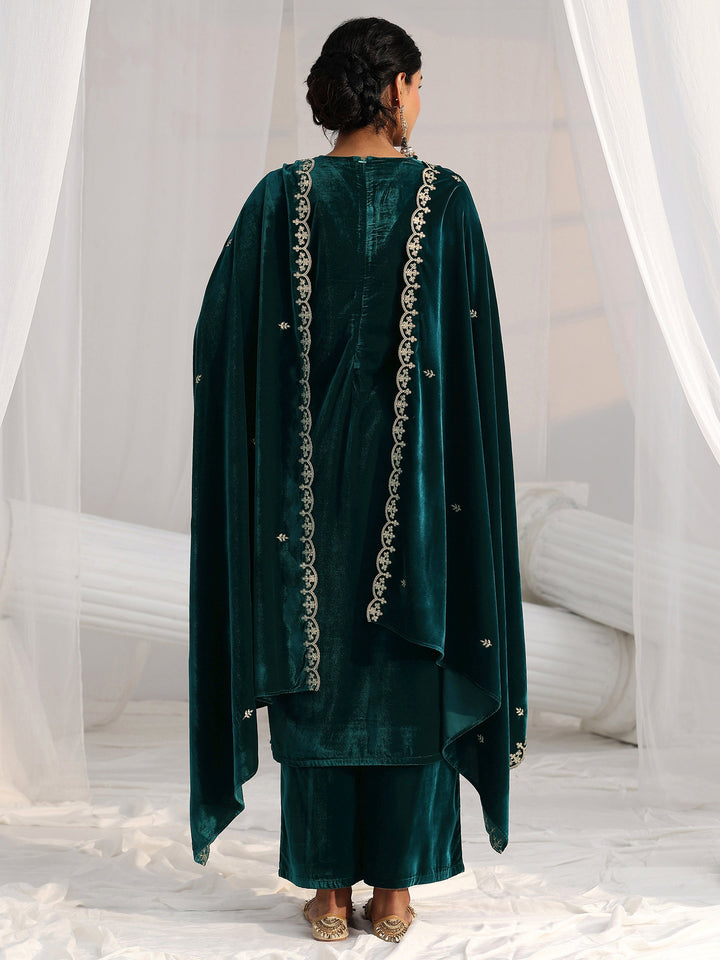 Libas Peacock Green Floral Embroidered Velvet Straight Suit Set