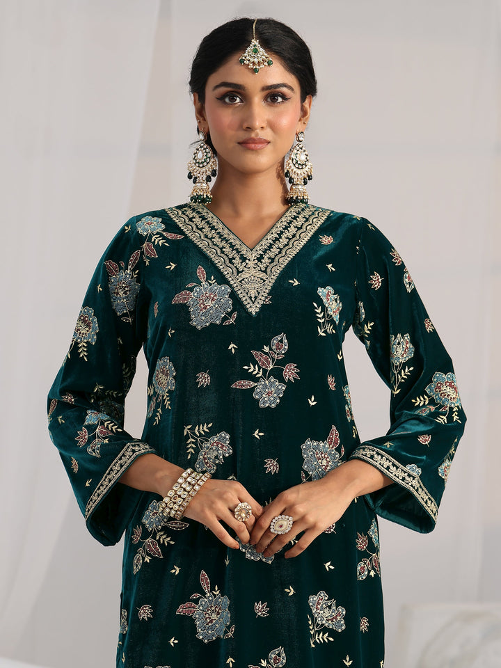 Libas Peacock Green Floral Embroidered Velvet Straight Suit Set