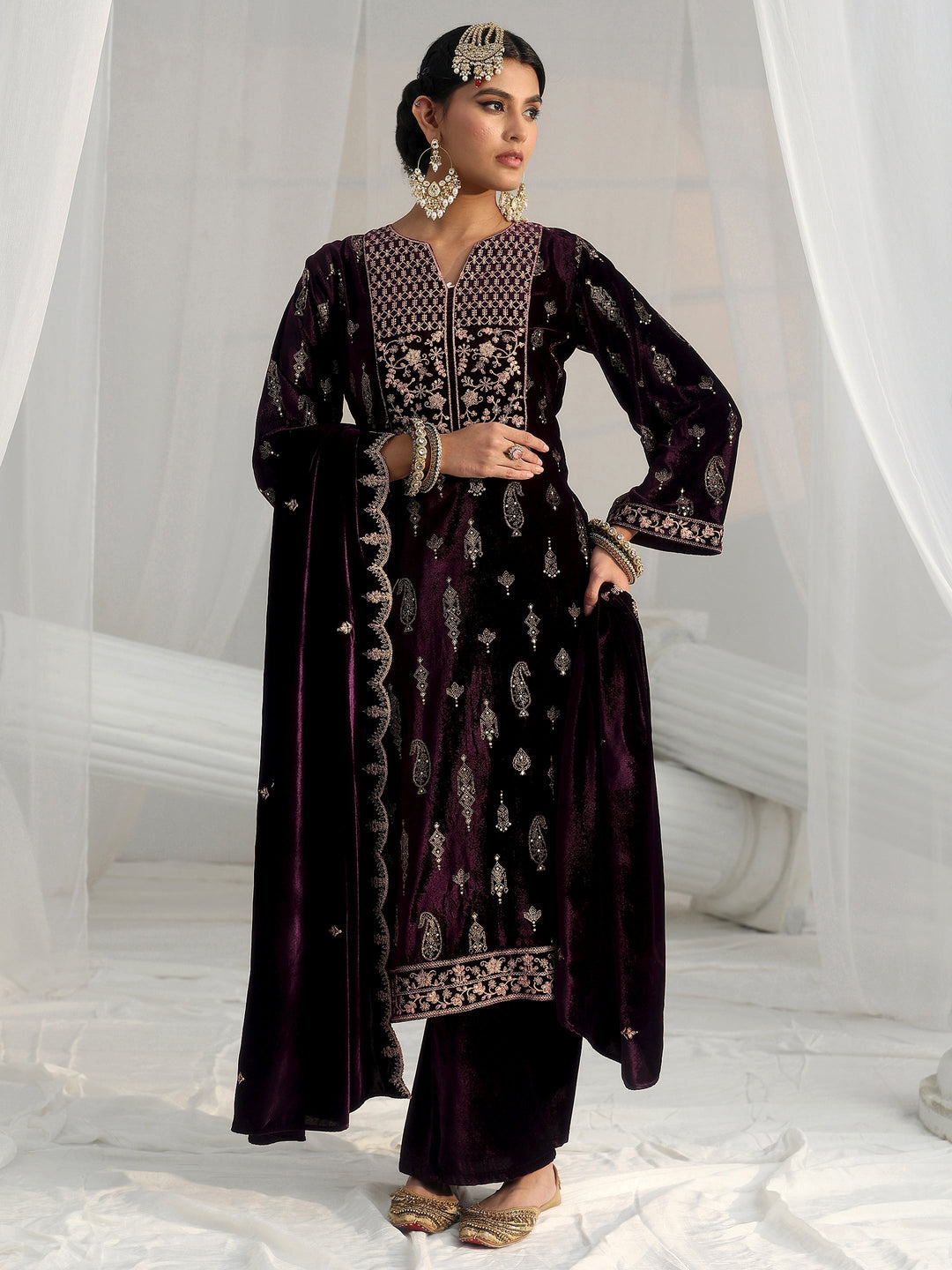 Libas Plum Puprle Floral Embroidered Velvet Straight Suit Set
